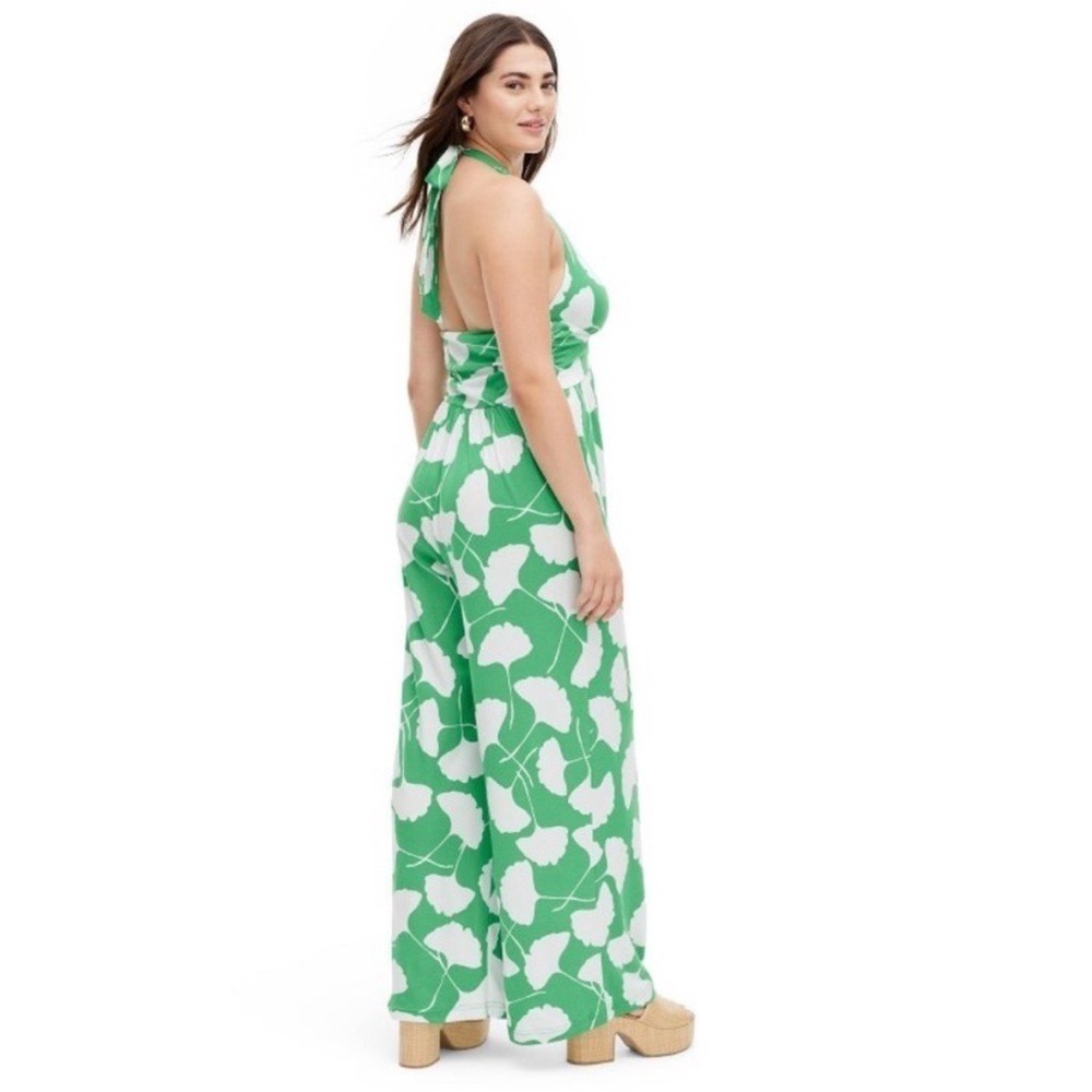 Diane von Furstenberg Women's Halter Jumpsuit Deep V-Neck, Ginkgo Green new - Picture 2 of 9